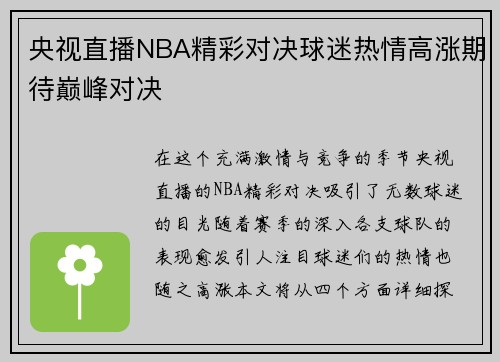央视直播NBA精彩对决球迷热情高涨期待巅峰对决